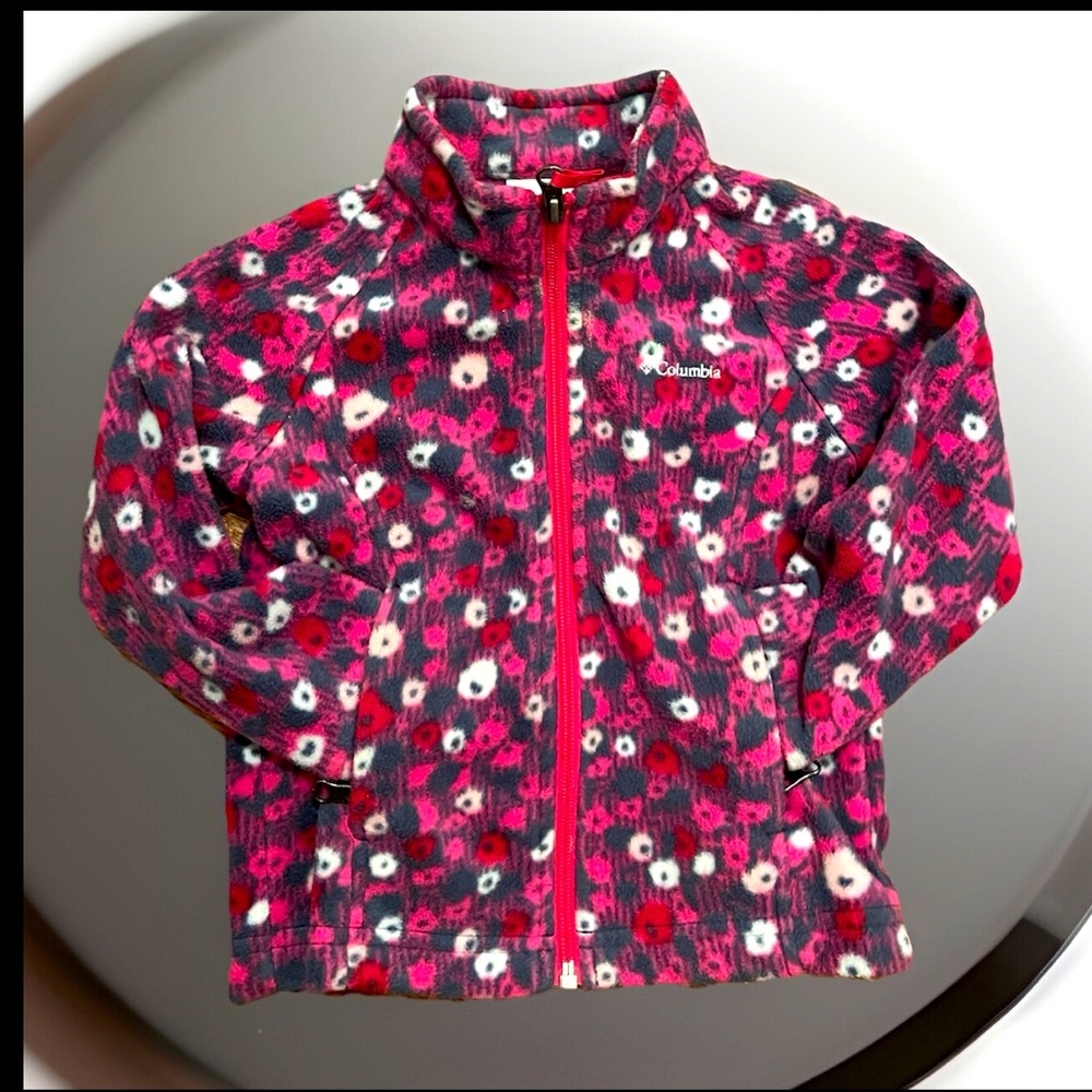 Columbia Girls Fleece Full Zip Jacket Red/Pink Floral Zip Pockets Size 3T